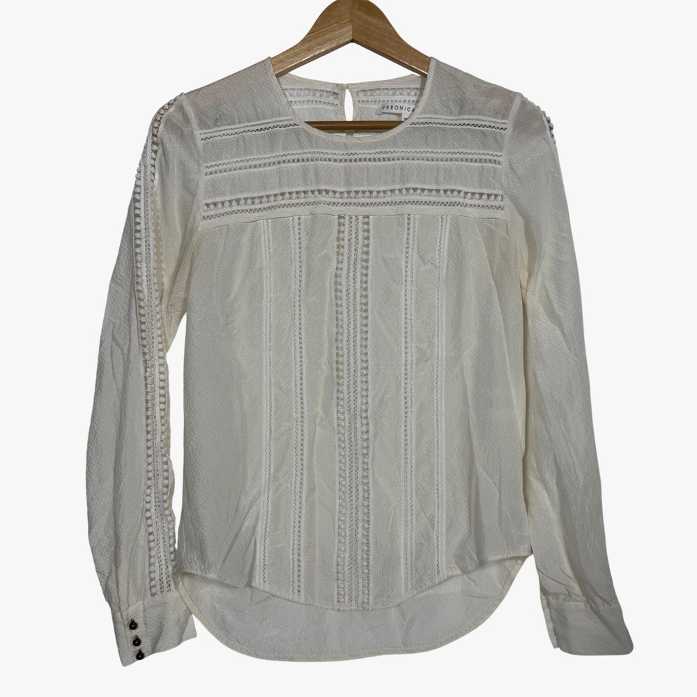 Veronica Beard | Women's 2 White Silk Textured Pom Pom Lace Long‎ Sleeve Blouse